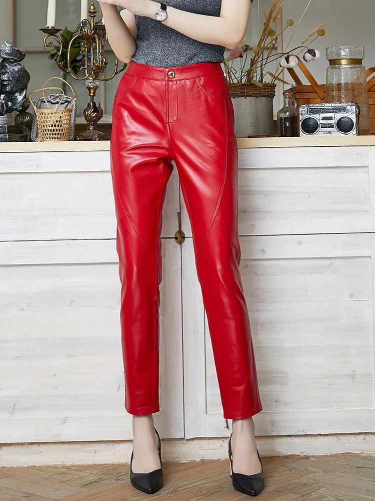 Red Leather Pants Women's Spring Autumn Elastic Genuine Sheepskin Pants OL Slim Ankle-Length Trousers Women Pencil Pants