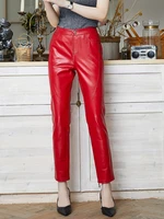 red leather pants womens spring autumn elastic genuine sheepskin pants ol slim ankle length trousers women pencil pants
