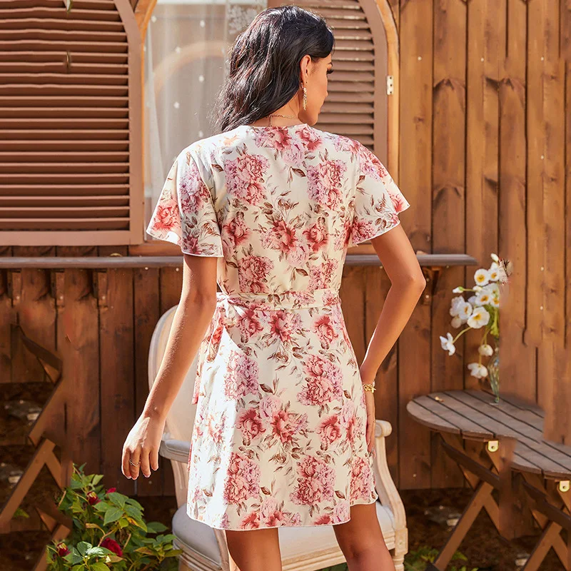 

2021 Spring Summer New Floral Dress Women V Neck Butterfly Sleeve High Waist Print Knee Length Dresses Ladies Casual
