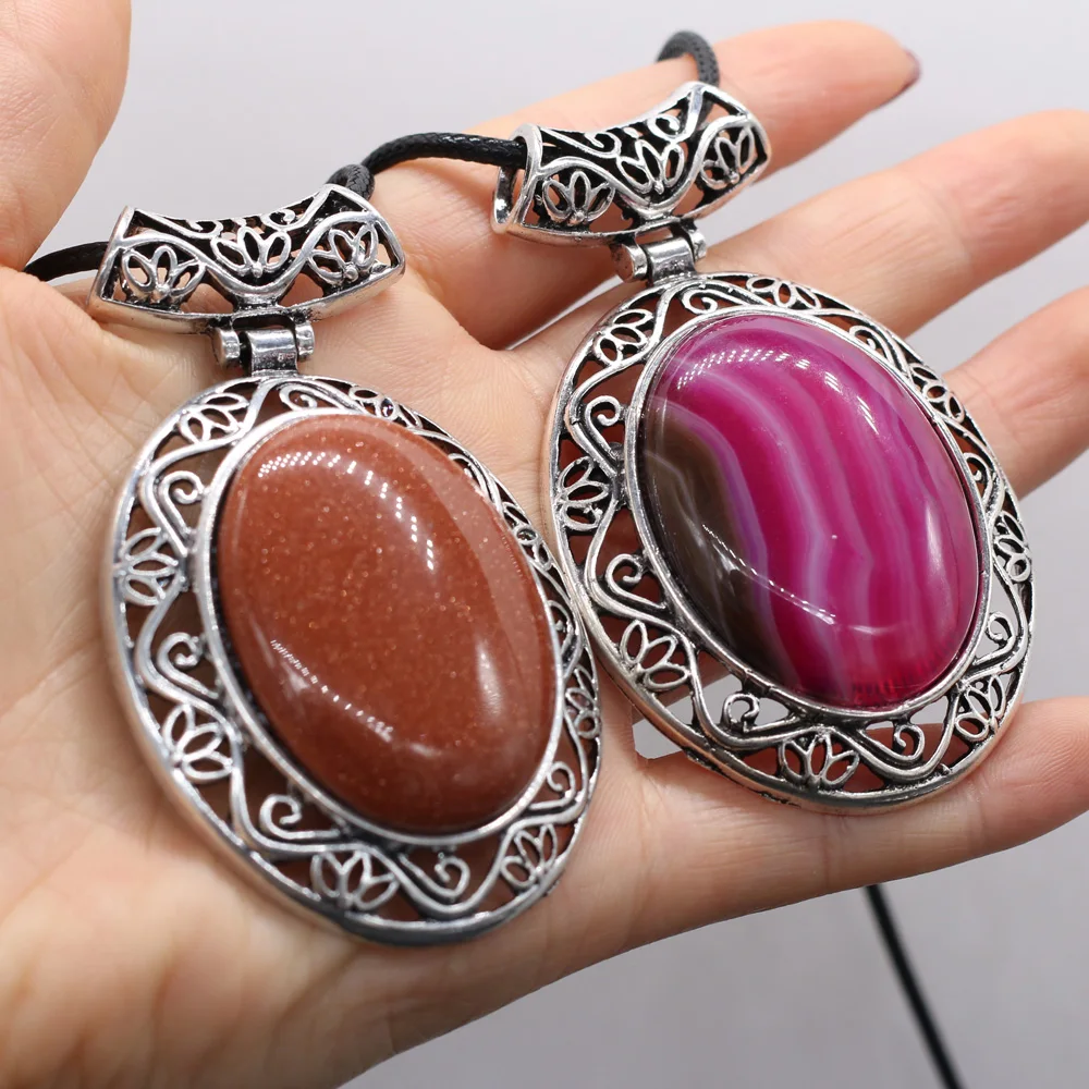 

Natural Stone Necklace With Egg-Shaped Semi-Precious Pendant Leather Cord 2MM Charms For Elegant Women Love Romantic Gift