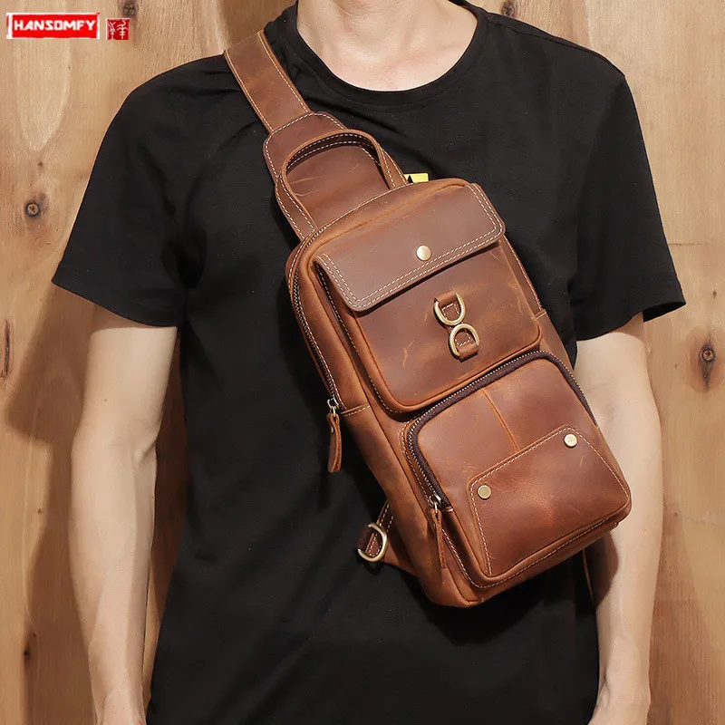 New Retro Genuine Leather Men Chest bag Cowhide crazy horse leather chest Packs fashion shoulder bag casual men's messenger bags