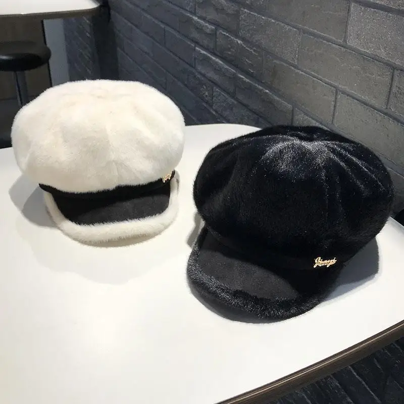 

Winter Women's Cap Ladies Beret Keep Warm Imitation Mink Fur Octagonal HatOutdoor Female Visor Soft High Quality Painter Cap
