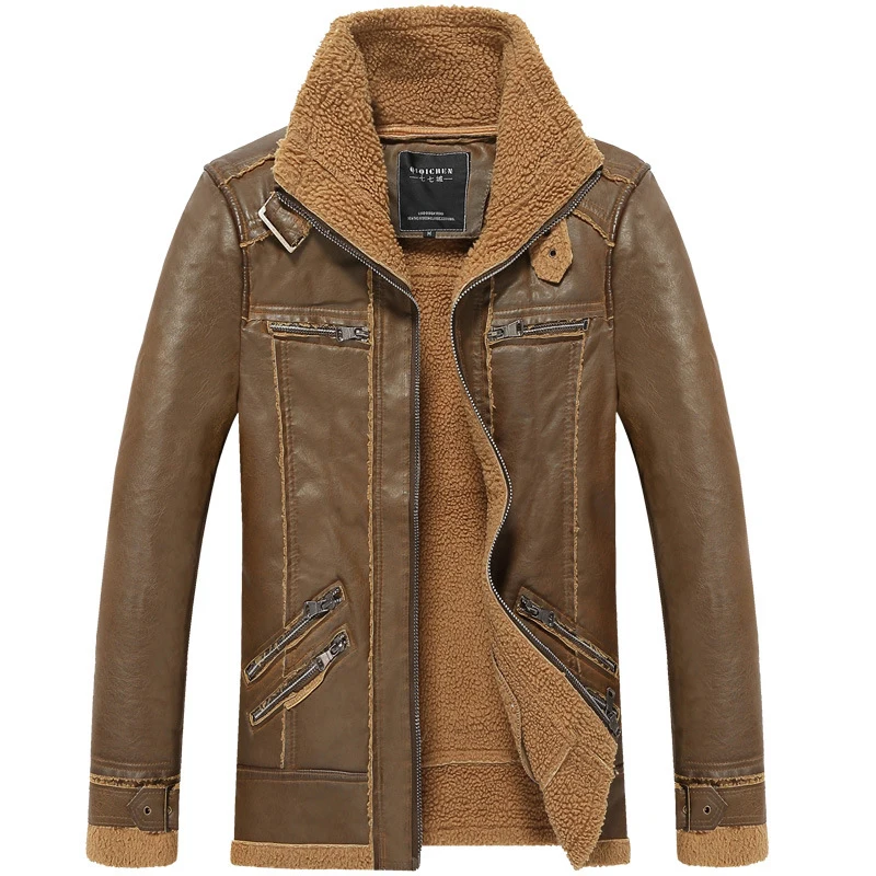 

PEVSN Winter Mens PU Leather Jacket Moto Fleece Thick Coats Male Retro Jackets Fur Collar Windbreaker Tactical Jacket,TA201