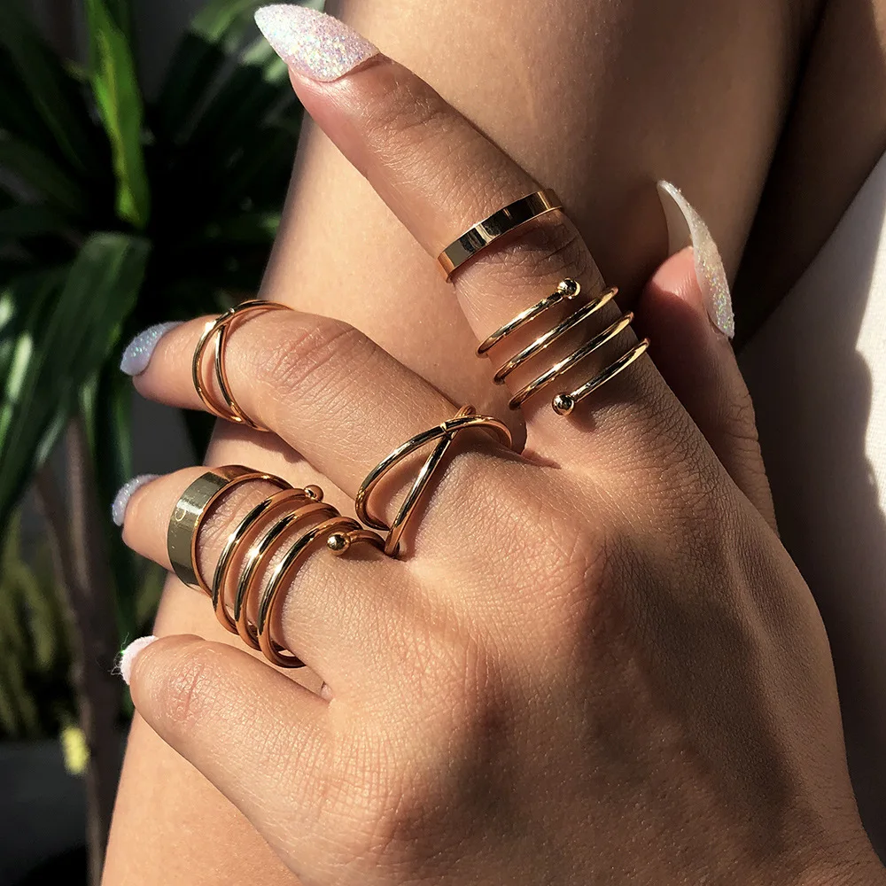 

Trendy Punk Hollow Out Rings Set for Women Bands Wedding Jewelry Hip-hop rock Metal Round 2021 New Geometric Ring Gift