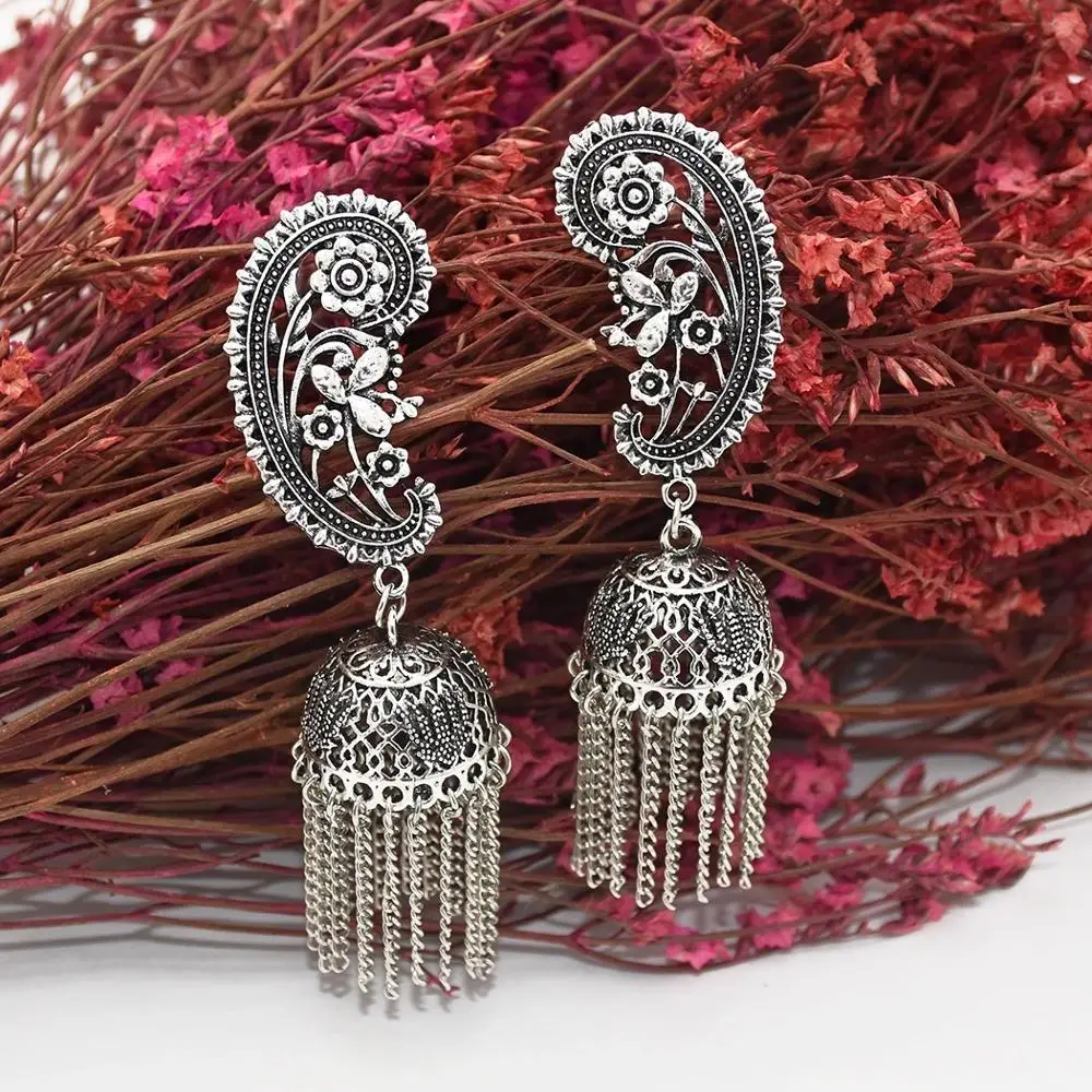 

Indian Bollywood Oxidized Jhumka Earrings For Women Vintage Silver Long Tassel Carved Gypsy Turkish Afghan Peacock Ear Jewelry