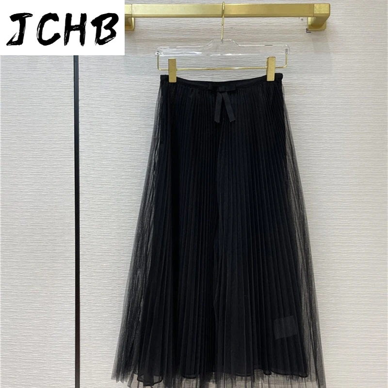 

High-end Sweet Brand Women 2021 Early Spring New Elegant Bow Net Yarn Pleated Pure Color All-match Empire Thin Skirt