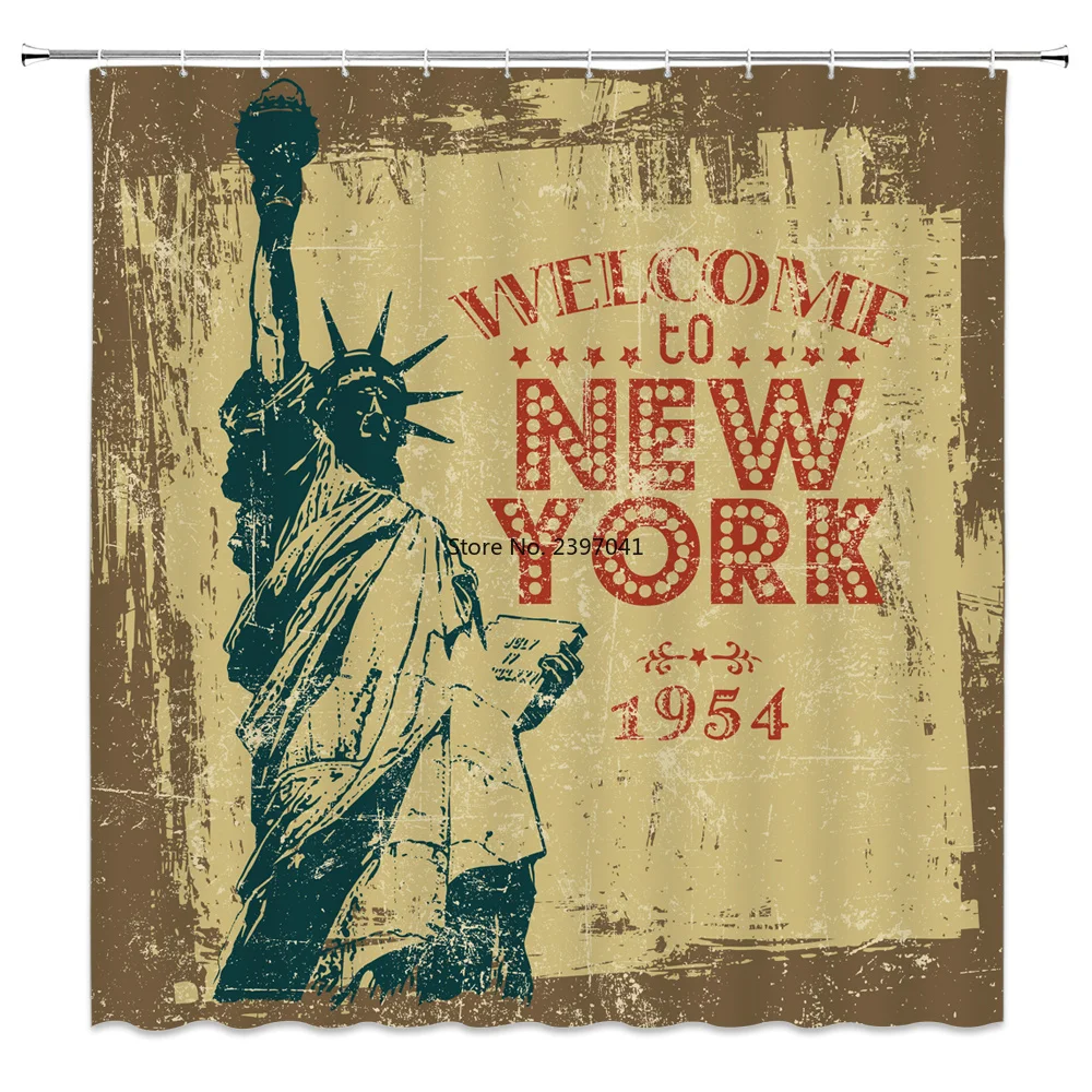 

Retro Statue of Liberty Shower Curtains American Flag Print Bath Curtains Polyester Waterproof Fabric Bathroom Home Decor Set