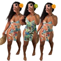 summer 2021 new womens fashion brown leaf sling split dress
