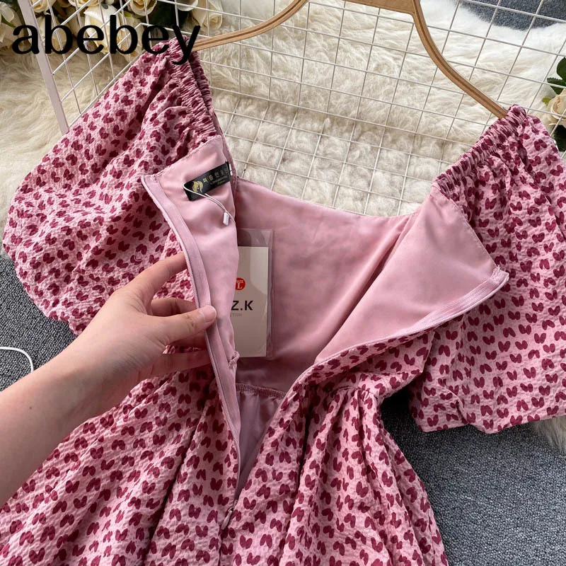 

Korean Retro Floral Dress Women Puff Sleeve Square Collar A-line Ruffles Dresses Summer Bohemian Print Ruched Short Dress