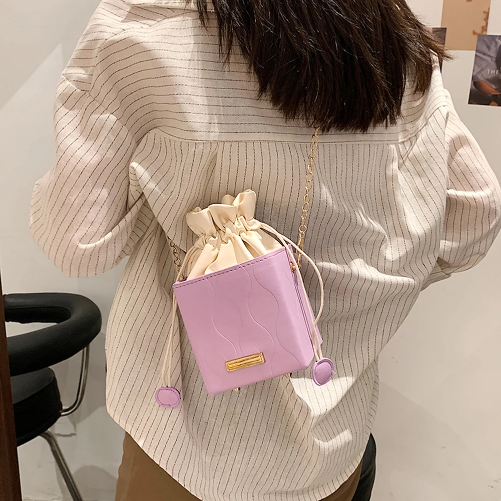 

2021 New Vintage Women PU Leather Drawstring Square Box Shoulder Crossbody Messenger Bag Casual Ladies Chain Pure Color Handbags