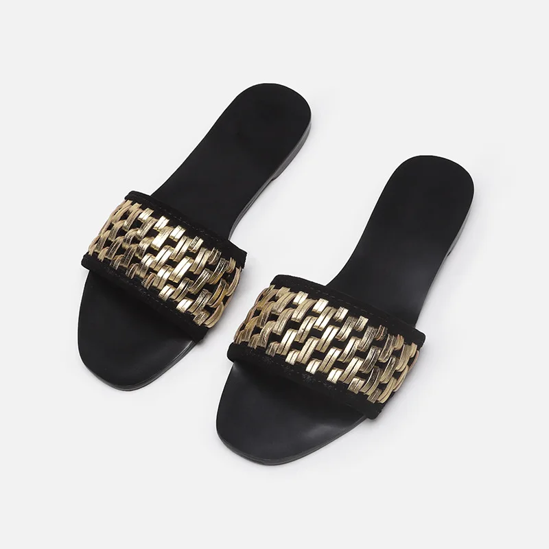 

2021 летние женские сандалии с открытым носком, золотистые тканые винтажные Нескользящие повседневные женские шлепанцы, пляжные шлепанцы на ...