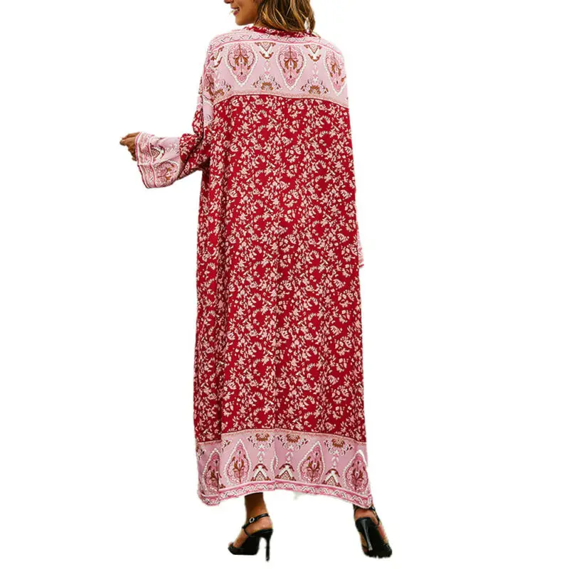 

Women Boho Floral Print V-Neck Maxi Dress Holiday Long Sleeve Sundress Kaftan UK