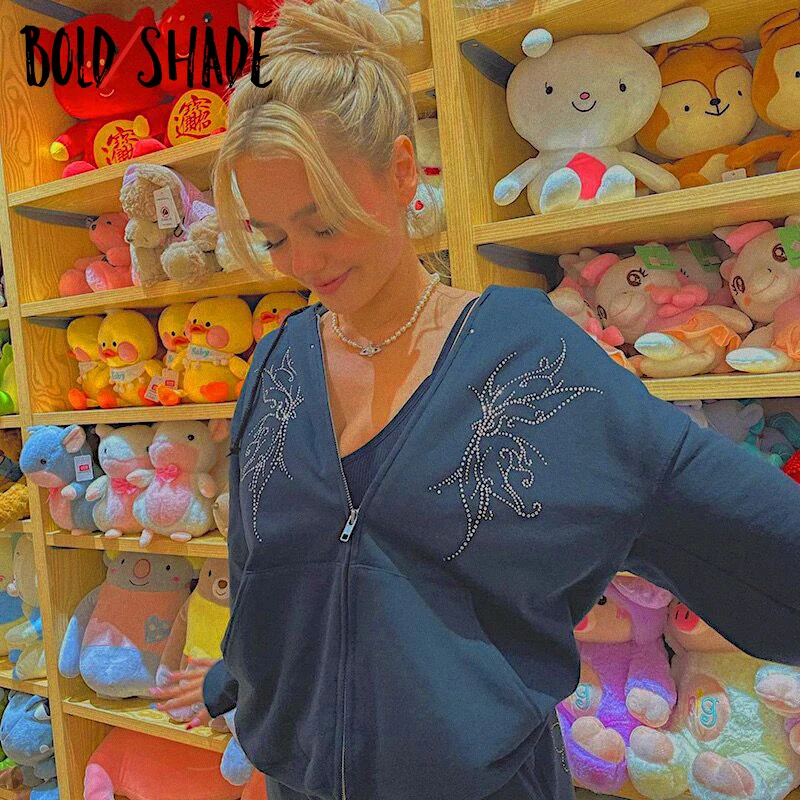

Bold Shade Indie Aesthetic Black Hoodies Butterfly Rhinestone Long Sleeve Y2K Sweatshirts Oversized Women Causal Zipper Hoodies