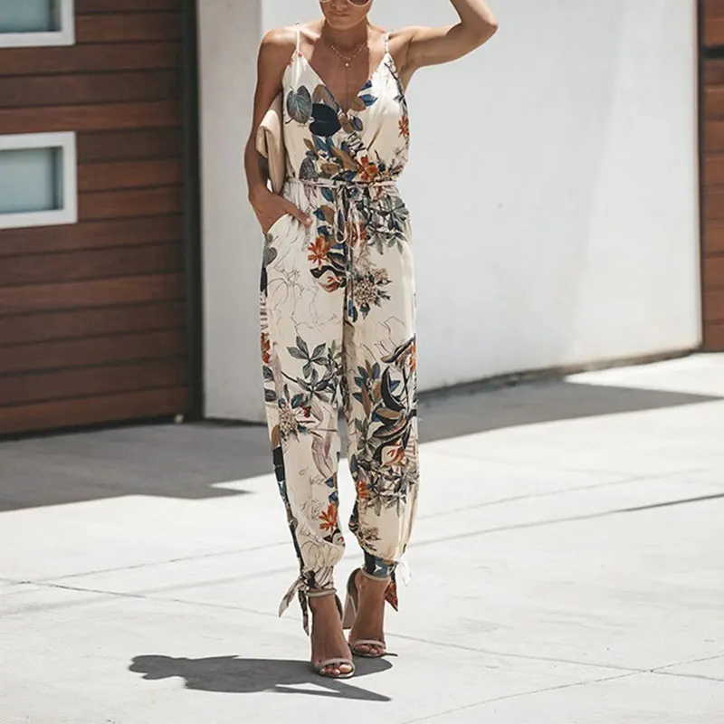 Сексуальный женский комбинезон с цветочным принтом карманом глубоким v образным