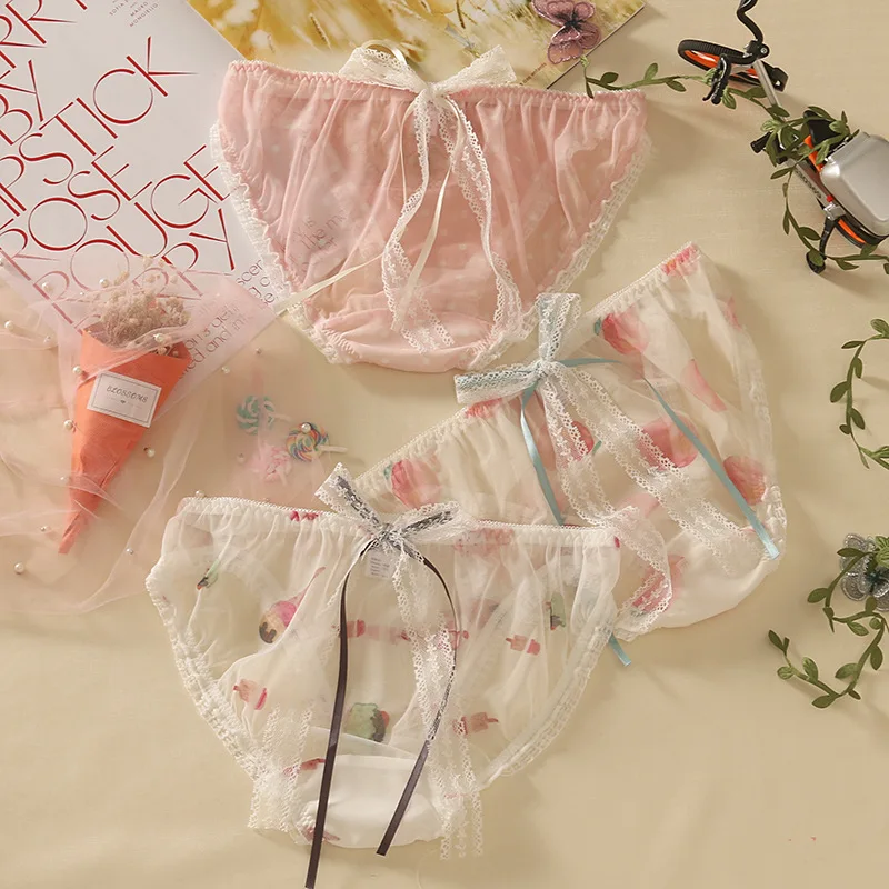 

Ladies Clear Mesh Silk Panties Sweet Japanese Lolita Lace Panties Pink Underwear Bow Female Women Underwear Cute Sexy Briefs