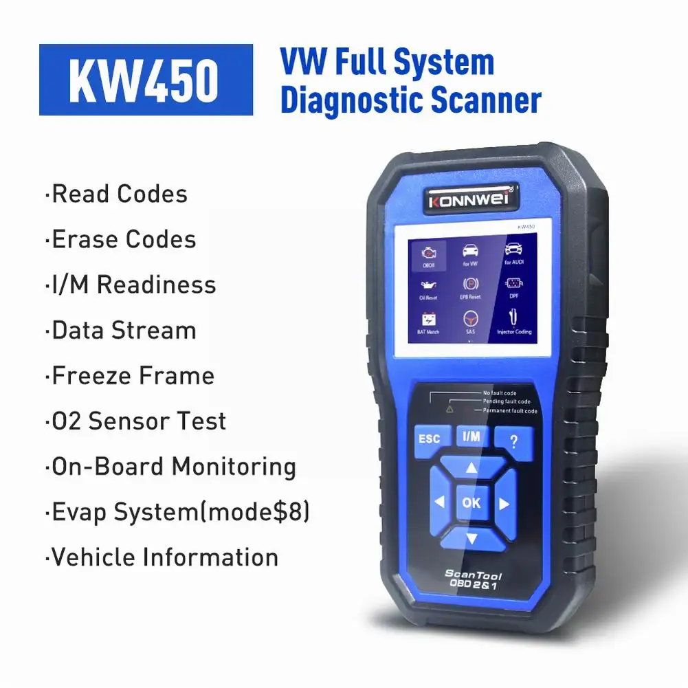 konnwei kw450 obd2 diagnostic tool for vag cars vw audi abs airbag oil abs epb dpf srs tpms reset full systems scanner free global shipping