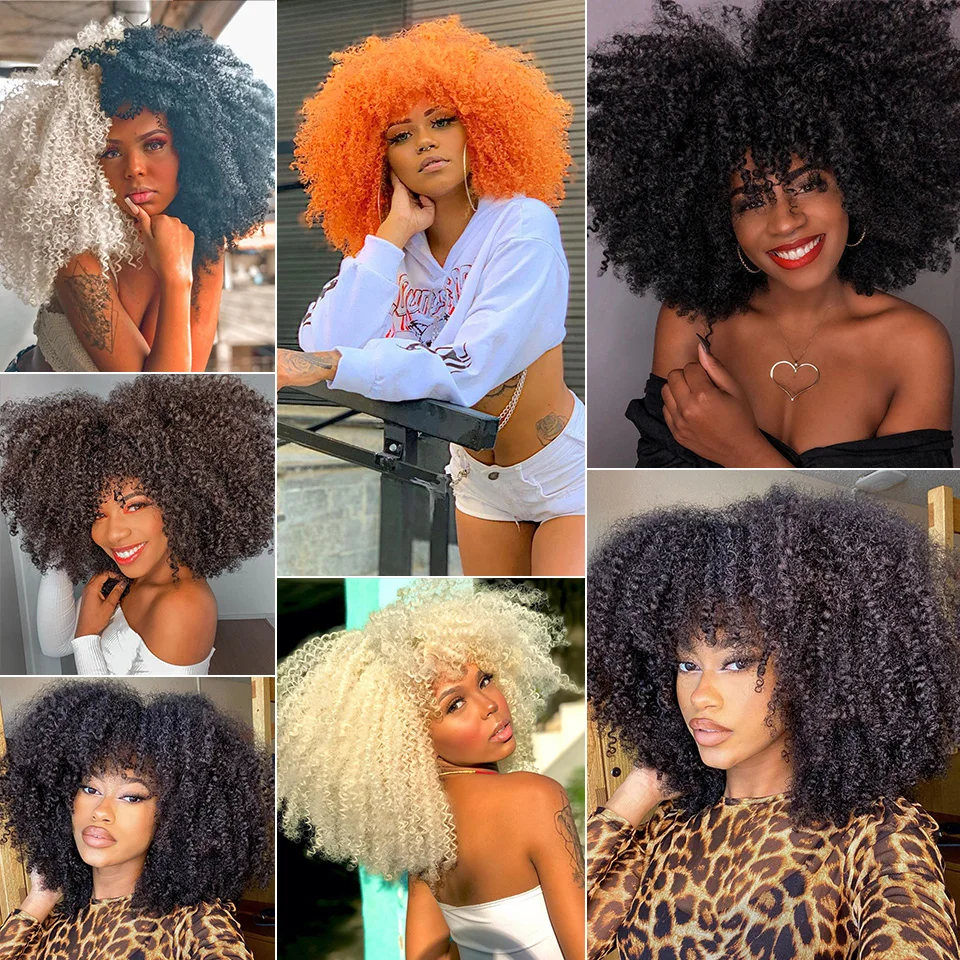 Short Hair Afro Kinky Curly Wigs With Bangs For Black Women Blonde African Synthetic Ombre Glueless Cosplay Wig High Temperature
