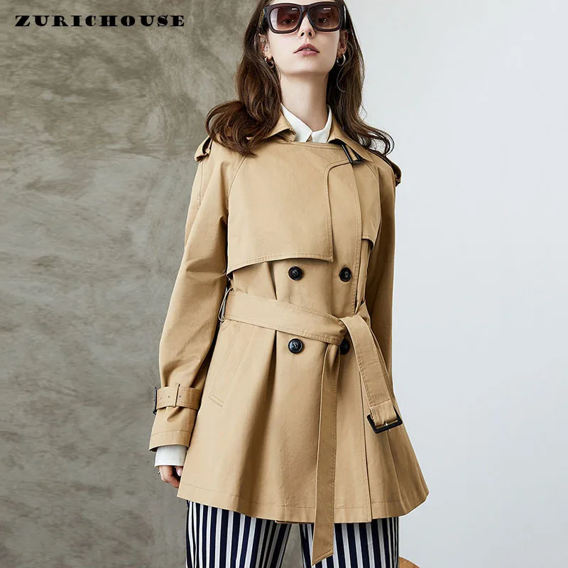 

ZURICHOUSE British Style Double Breasted Short Trench Coat For Women Classic Khaki Temperament Black Windbreaker Female