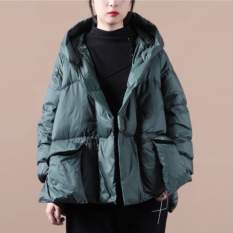 

Women Hooded Warm Thick Jackets Black Autumn Pocket Casual Parkas Winter Fashion Oversize Duck Down Coat