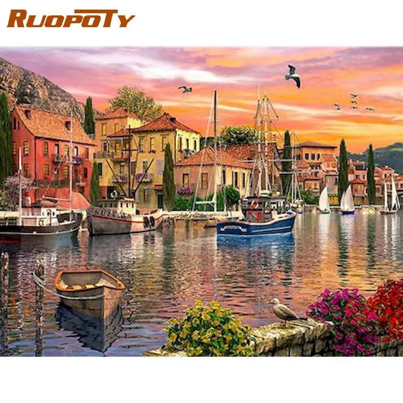 

RUOPOTY Framed Painting By Numbers Beautiful Seaside Scenery Oil Picture By Number Handmade 40x50cm Acrylic Paint Color Pictures