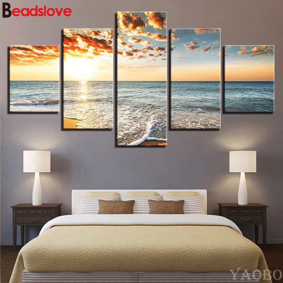 

5pc sset 5D Diy Diamond Painting full Square Round Diamond Embroidery Sunshine Beach Sea Waves Seascape Pictures for room Decor