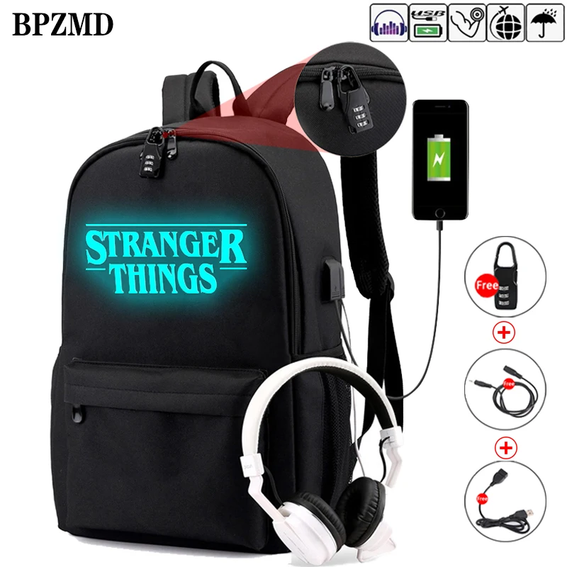 

New Stranger Things Teenage Backpack for Boys Girls Luminous School Bag can Usb charging Anti theft and Waterproof Laptop bags