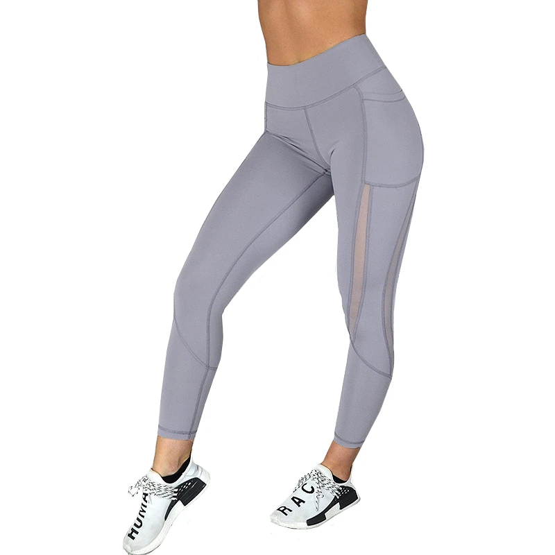 Leggings With Pocket Women Gym Tights Push Up Running Pants Workout High Waist Active Wear Yoga Pants Tummy Control Leggings - Цвет: K189325 Gray