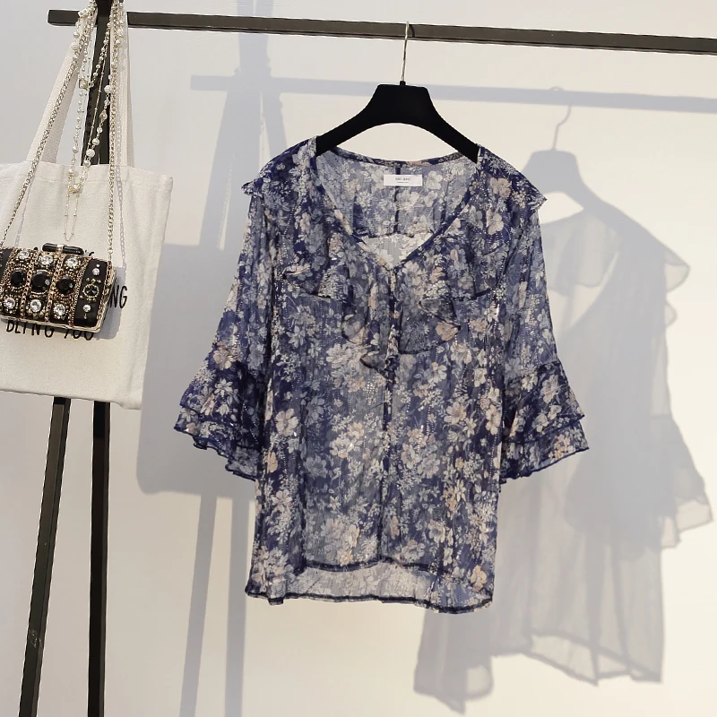 Летние Элегантные шифоновые топы размера плюс женский комплект 2 шт. с цветочным