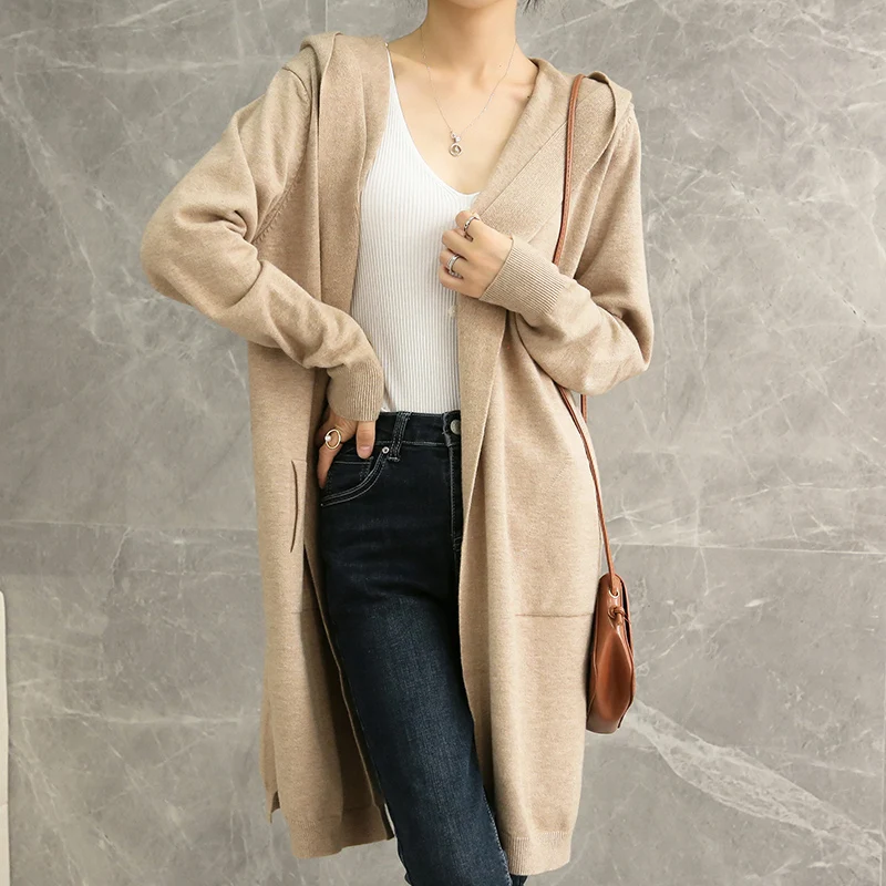 

2020 autumn and winter new mid-length ladies sweater coat hooded loose large size cashmere sweater knitted cardigan outer coat
