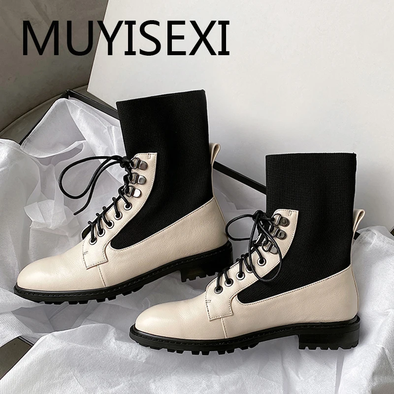 

Winter genuine leather mixed colors 2.4cm low square heels round toe lace up vintage basic cozy lady ankle boots LBJ10 MUYISEXI