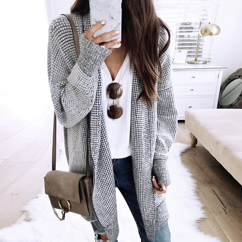 

Women's Fashion Casual Plaid Woolen Long Sleeve Cardigan Jacket Gray