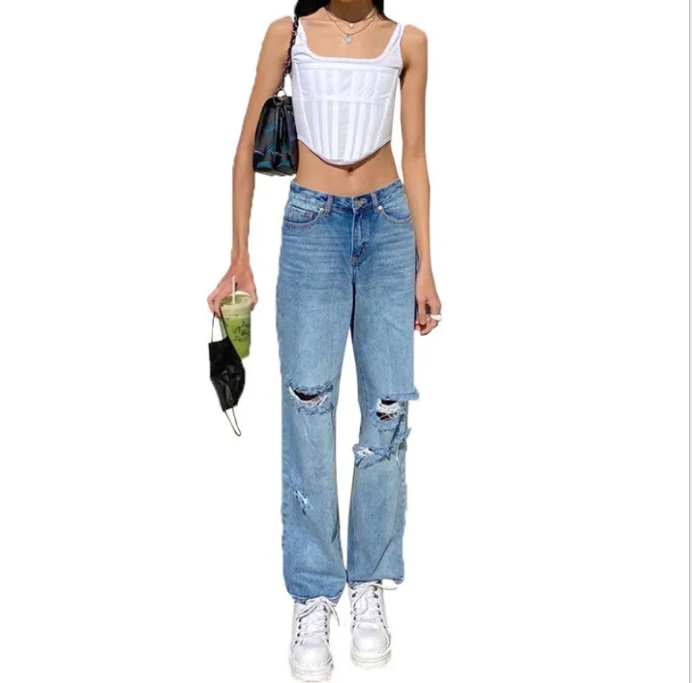 

Hole Baggy Jeans Woman High Waist Wide-leg Pants For Women 2021 Spring Summer Fashion Y2k Casual Streetwear Jean Denim Trousers