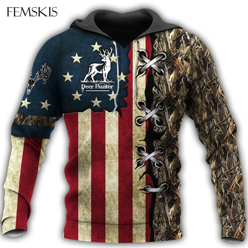 

FEMSKIS Camo Hunter Deer American Flag Hunting 3D Hoodies Printed Hoody For Men Women Hip Hop Sweatshirts Outerwear Pullovers