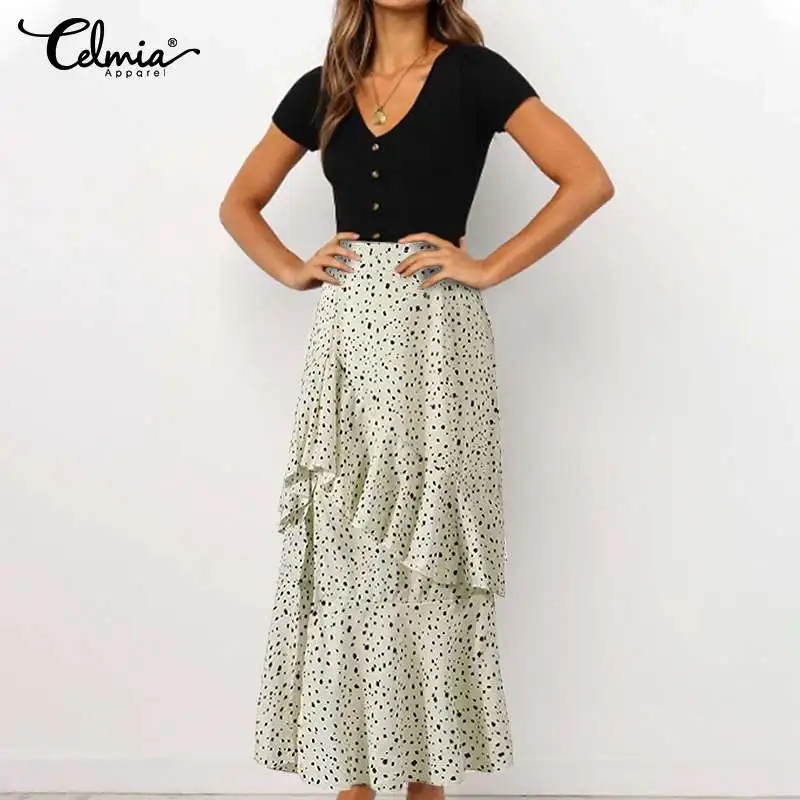 

Модные Юбки-миди в горошек, женские длинные юбки Celmia, летняя юбка с высокой талией и оборками, Повседневная плиссированная юбка с разрезом, ...