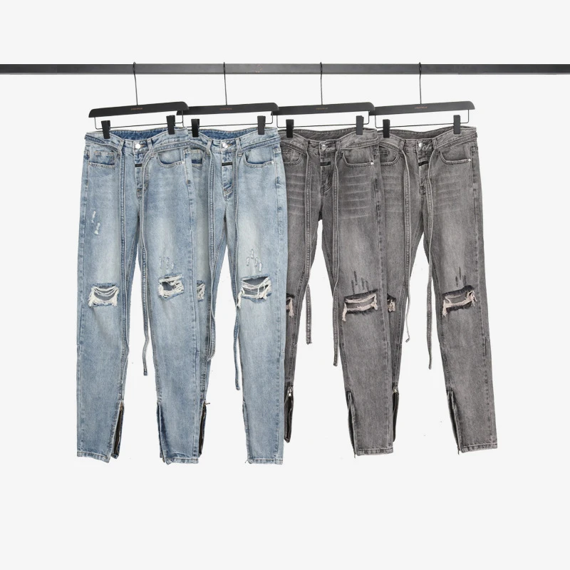 Мужские джинсы Ретро стиль потертые рваные с дырками в стиле рок длинный ремень