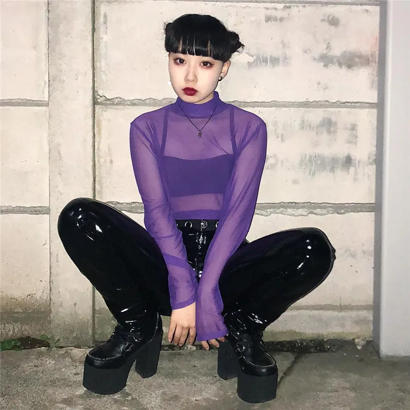 Сексуальная женская прозрачная сетчатая эластичная высокая Водолазка с длинным