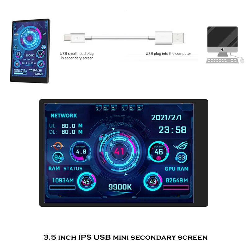 2022New 3.5 Inch IPS Type-C Secondary Screen Computer CPU GPU RAM HDD MonitorUSB Display For Freely AIDA64 mini monitor | Компьютеры и