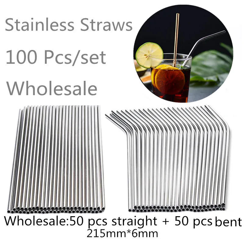 

NEW2022 QI 100pcs/set Eco Friendly Metal Straw Reusable 304 Stainless Steel Drinking Tubes 215mm*6mm Straight Bent beer