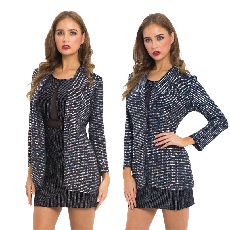 Женский блейзер с блестками на одной пуговице элегантный костюм длинным рукавом