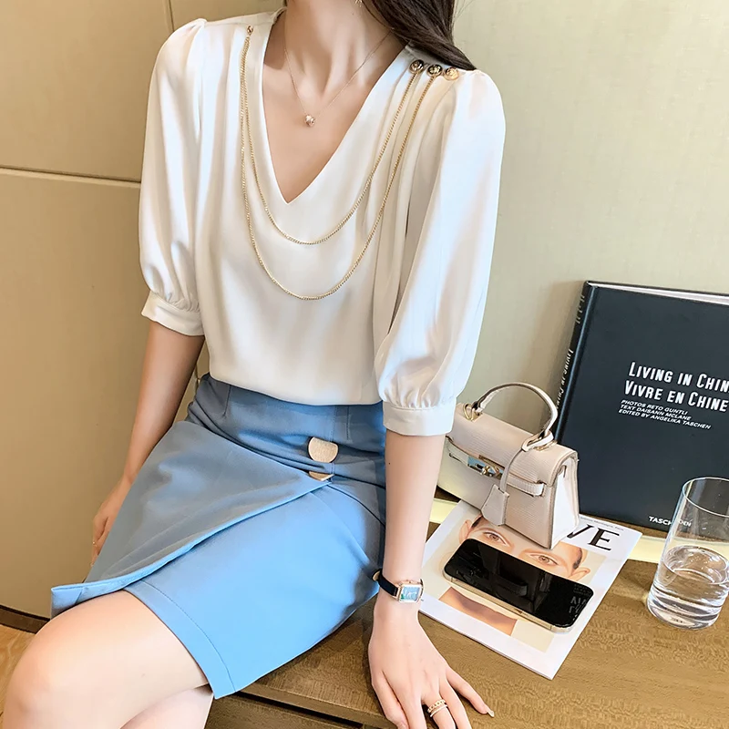 

2021 Fashion Women Summer Blouses Short Sleeve Solid Loose Shirts Office Lady Femininos Blusas Tops