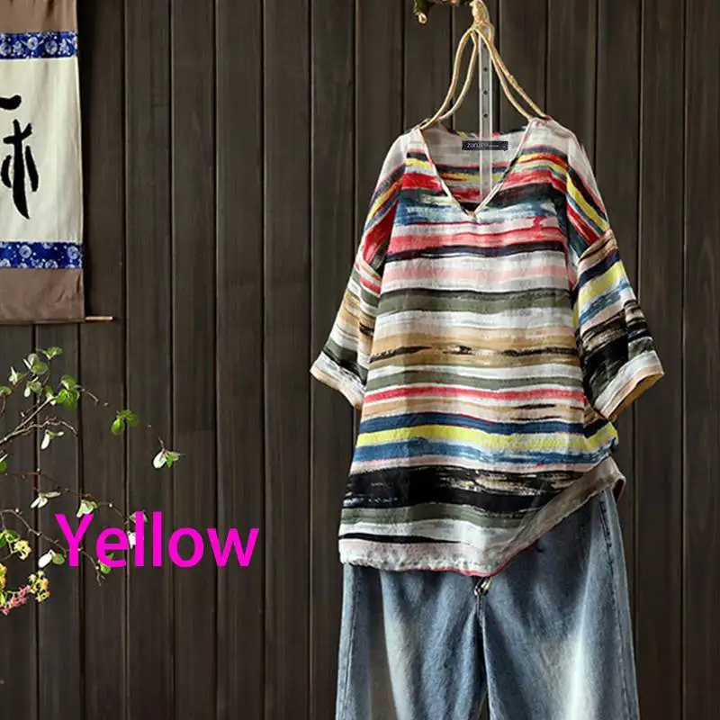 Блузка женская в полоску с V-образным вырезом и коротким рукавом | Женская одежда