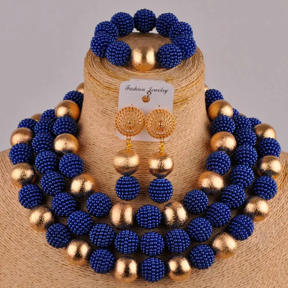 

New Royal Blue Imitation Pearl Necklace Nigerian Bride Wedding Jewelry African Wedding Costume Accessories Jewelry Set AZ-154