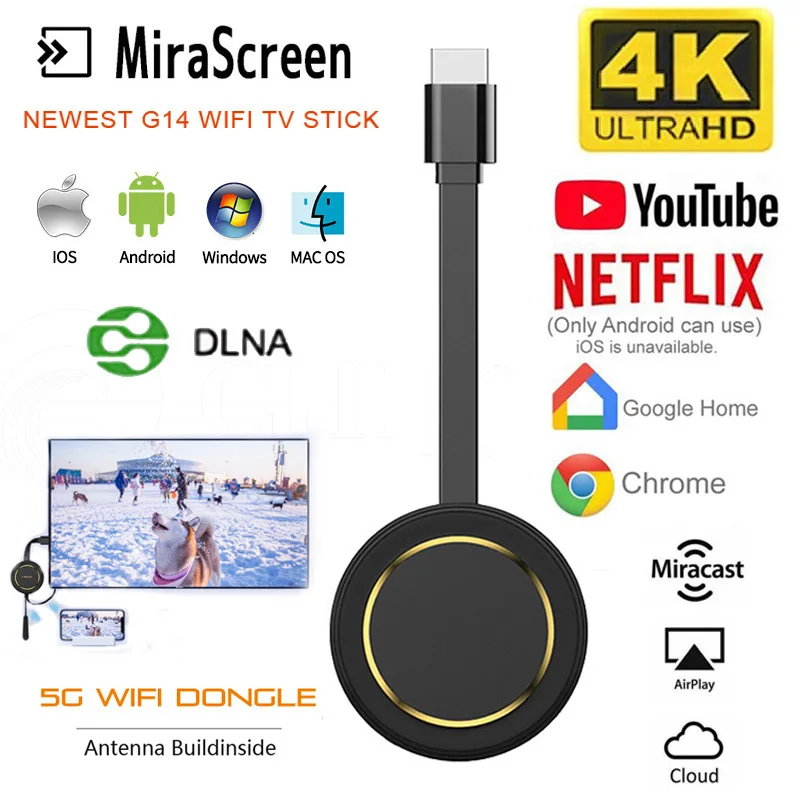 For Youtube Google Chromecast Wireless Wifi Mirascreen Dongle Ezcast 4k G14 TV Stick Miracast 5G Wireless Screen Projector