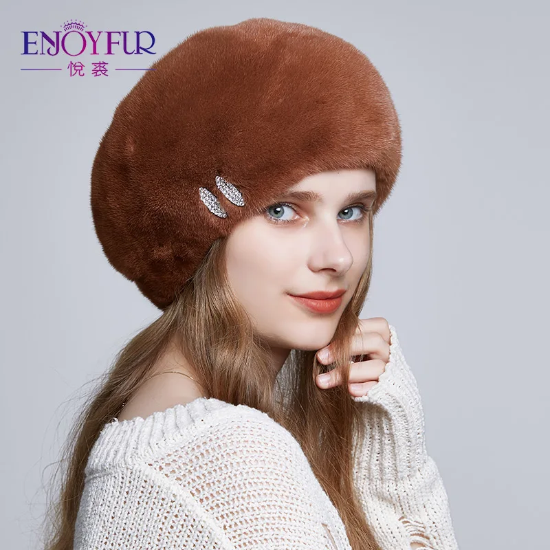 ENJOYFUR настоящие норковые меховые шапки для женщин вязаные На зимнем меху с стразы