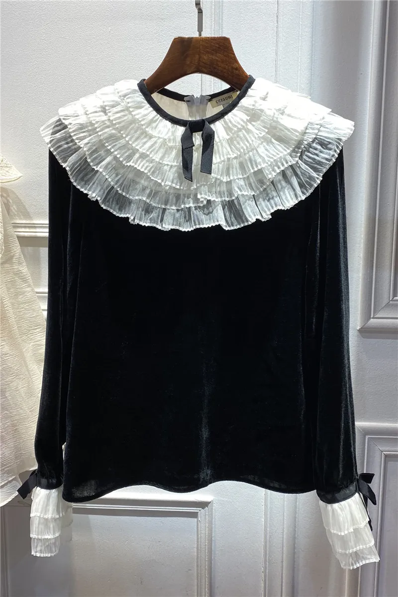 

2021 new women's clothing layers of gauze fold falbala splicing silk velvet shirt
