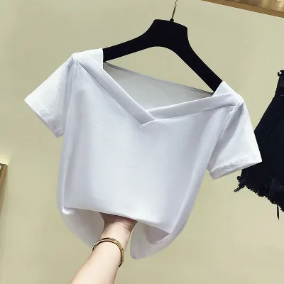 

Women's sexy T-shirt low-cut V-neck letter shirt gray