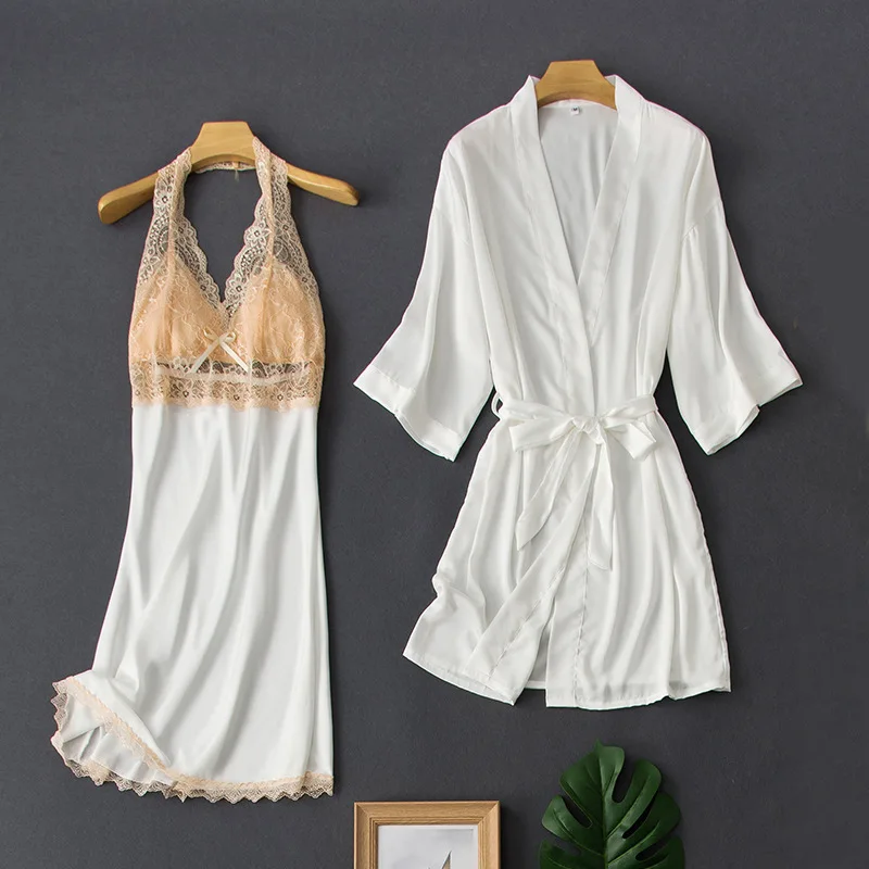 

LACE Female Nightwear Wedding Robe Set Kimono Gown Casual Satin Sleep Set Bathrobe Sexy Sleepwear Home Clothing Nightgown