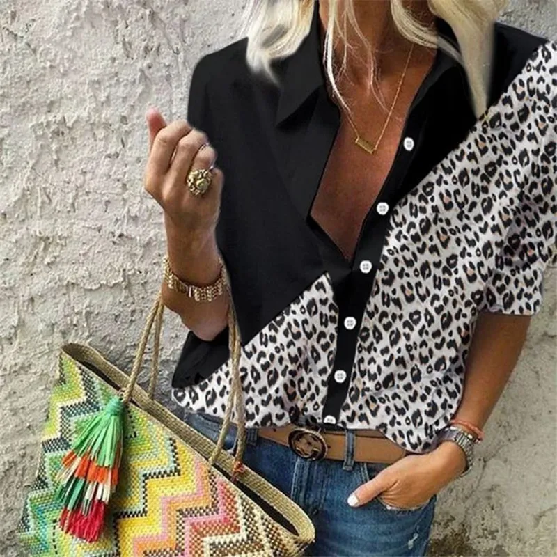 

Leopard White Spliced Shirts Women Elegant Fashion Ladies Turn down Collar Buttons Blouse Autumn Spring Female Tops 2020 New