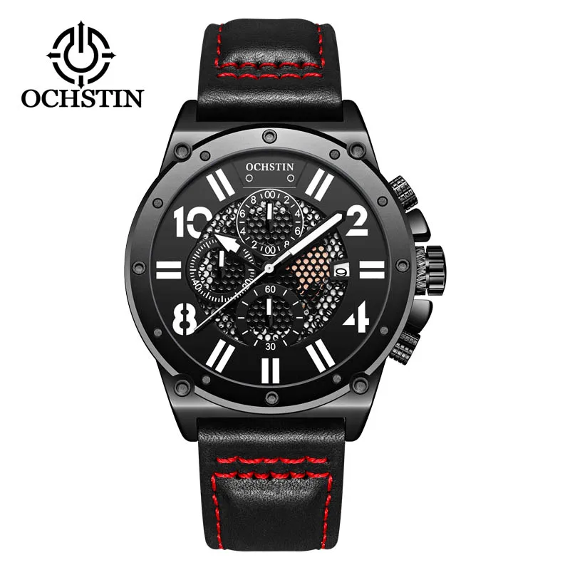 

OCHSTIN Watch Men Fashion Quartz Watches Leather Strap Black Sport Quartz Wristwatch Chronograph Clock Male Creative Design Dial