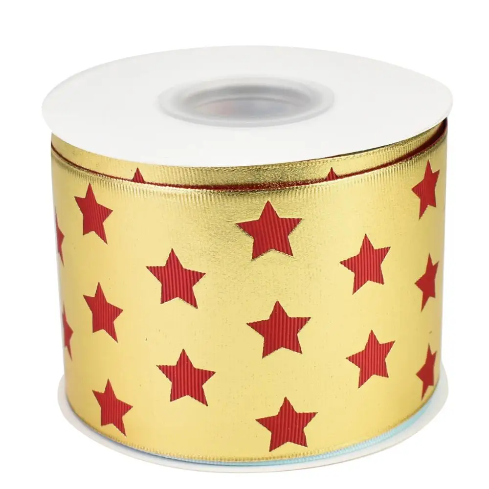 

HSDRibbon 75mm 3 inch Blue laser foil Star on Solid White Grosgrain Ribbon